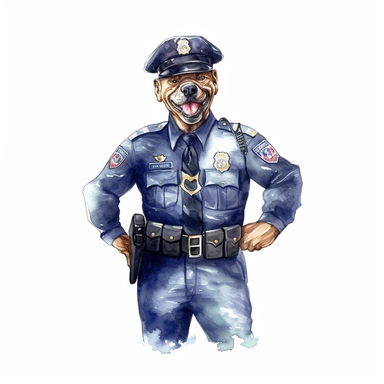 watercolor clipart, smiling boxer, in style policeman, full body, Police Badge, Police Uniform, Duty Belt, police Hat or Cap, background american Flag, white background, hyper detailed, 300 dpi, 8k, high solution, no watermark