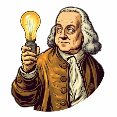 draw in clipart style ben franklin demonstrating electricity with an edison style light bulb