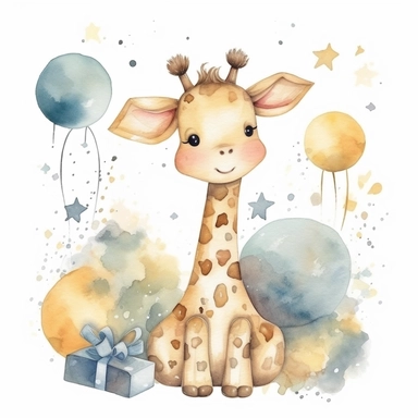 cute watercolor newborn soft beige baby giraffe toy smiling with stars and birthday cake, watercolor effect, isolated white background, babyshower clipart, soft beige tones