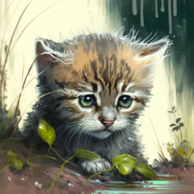 hungry Kitten drawing, under the bush in forest background, clipart crying kitten, procreate style , drawing style, crying