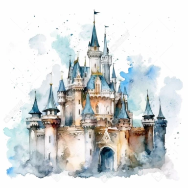 one castle Watercolor clipart on a white background, in the style of realistic and hyper-detailed rendering, muralist, distressed material, uhd image, ps1 graphics, detailed character design, large scale murals, no watermark, text, 300 DPI , typography, shapes do not stick together, no text in the picture, on a white background