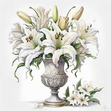 Watercolor realistic detailed white tiger lily bouquet in a majestic vase clipart, white background, no text