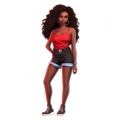beautiful black teenage girl with beautiful flowing mid-length hair, dressed casually. Full perspective and, long shot A young black woman with full lips and a big beautiful smile, dressed in black shorts and a red tank top, has mid-length flowing hair and beautiful shapely legs, wearing heels, clipart in the style of digital airbrushing, feminine sticker art, dollcore, realistic face, realistic body, glamorous,