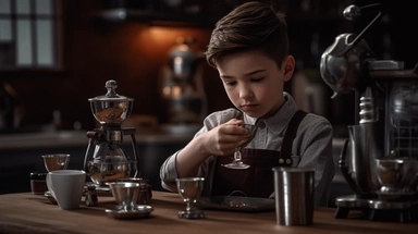 A delightful scene unfolds as a charming young boy meticulously crafts a cup of coffee with passion and skill. The boy, with a twinkle of enthusiasm in his eyes, stands behind a counter adorned with various coffee brewing tools. He carefully measures fres
