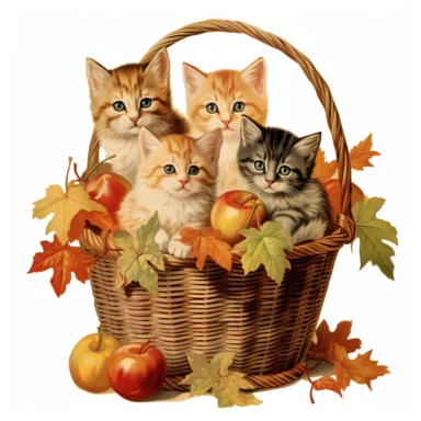 illustration of autumn themed basket of multi coloured kittens, vintage clip art