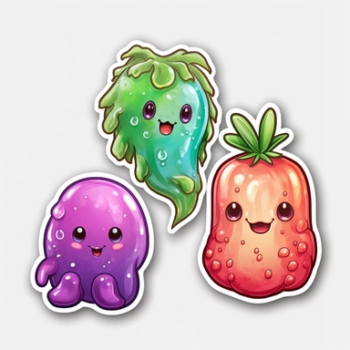 3 stickers with white background and border, emoji clipart as cute gummy strawberry monsters, high res, iridescent, some bioluminescent
