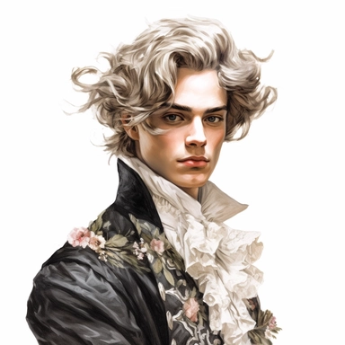 beautiful stunning handsome boy in vintage baroque fashion , paint art style, clipart, white background, superrealistic, one of a kind