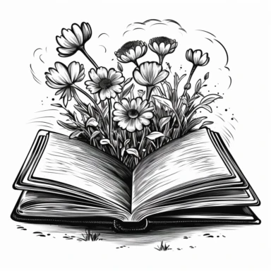 black and white clip art with open book that has flowers growing out of it