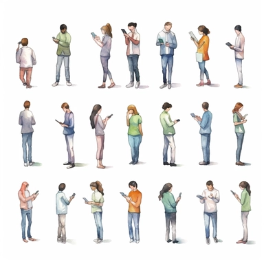 watercolor, Hands holding mobile phones set. Fingers touching, tapping, scrolling smartphone screens, using applications. People handling cell phones. png Full body realistic cartoon in 32K UHD cute. 15 cm thick outline. Black color. There was no shadow on the ground. 8k with realistic watercolors and detailed illustrations. PNG clipart, transparent white background