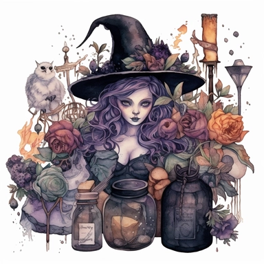 dark arcadie witch clip art, watercolor, potions, magic, cat , broom, sparkles, book, roses, vines, cowbwebs, spiders, bats, fantasy