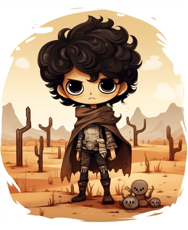 a clipart, white background, kawaii, happy, in curly black hair brown boy in Mexican desert, earthy tones, hauntingly beautiful, mexican folklore-inspired, Mesoamerica, muted earth tones, chicano-inspired, devilcore, commission for, saturno butto, rubén maya, halloween