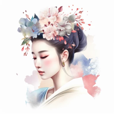 watercolour clipart of beautiful Japanese Geisha Watercolor Clipart Bundle, hair tucked behind pointy ears, detailed character illustrations, fantasy illustration, close - up, multilayered realism, goblincore, delicate flowers, forest greenery, enchanted, pretty, majestic, magical, detailed, face only, UHD, 8K, 3D, solid white background