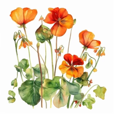 watercolor illustration of Nasturtiums flowers, watercolor clipart, watercolor splashes, spring boho vibes, 4k uhd, realistic floral portrait, white background