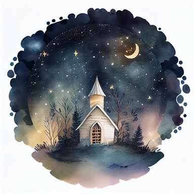cute Christmas watercolor clipart with a little church in circle, night sky with sparkling background,