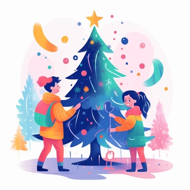 cute girl and boy decorates the Christmas tree,winter day, snowflakes, happy new year, children storybook illustration. 2d, vibrant luminous colors, flat style, ink Lines, clipart, white empty background, sharp, high resolution, blue pink orange warm