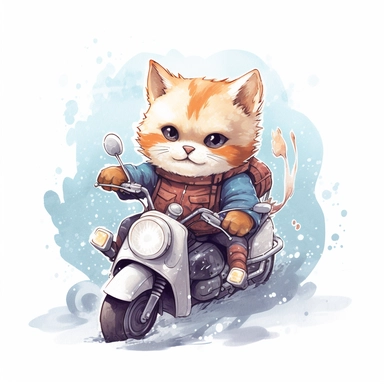 Draw a series of cliparts showing a cute cat riding a motorcycle through different weather conditions, such as rain or snow. Low detail. White background, soft lighting. In the style of Bob Ross