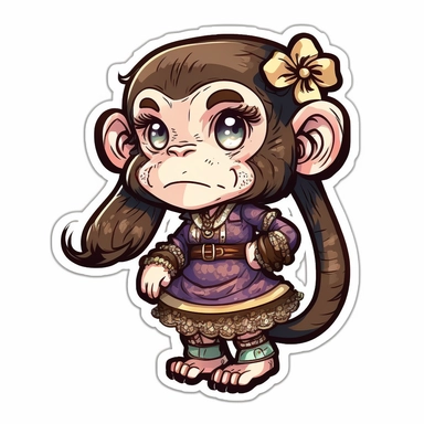 small cute anthropomorphic Chibi chimpanzee animal, dressed like a woman, wearing a dress, clipart, in sticker style, in comics style, cell shading