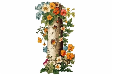 Vintage 1920 detailed Birch Tree Trunk With Flowers Illustration, Chromolithograph, Die Cut, 1920s Illustration, Vintage, Chromolithograph, Colorful, Antique, Ephemera, Clipart, 8k, Isolated on white