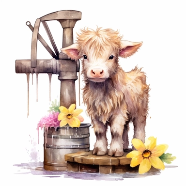 Make a clipart of a baby highland calf standing next to a rustic water pump with pink, yellow and white daisies, use watercolor style, pastel colors