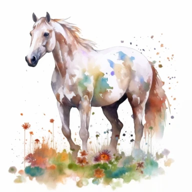 detailed watercolor clipart, photography style, beautiful horse, in a meadow, full body, spring floral,self shadow, white background