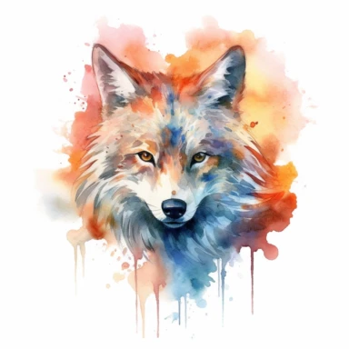 A wolf's head or a full-body image, symbolizing strength, courage, and leadership, fire, watercolor art, clipart