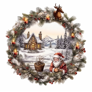vintage design, advent wreath around, christmas theme oil paining santa claus with a big sack filled with gifts Clipart Collection in beautiful winter landscape, advent wreath around, christmas theme, detailed, isolated, white background, one pattern
