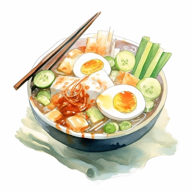 Lontong Sayur (Rice Cake with Vegetables in Coconut Soup) logo watercolor,simple Watercolor, hyper realistic, white background, white margins, 16k, ultra detailed clipart, cut out image, hand - drawn, whimsical manhwa style, ultra HD, sharp and clean art
