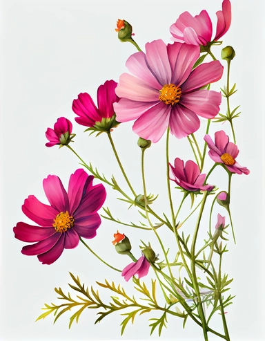 detailed vibrant watercolor pink cosmos flower side corner border , isolated on white background, realistic, clipart