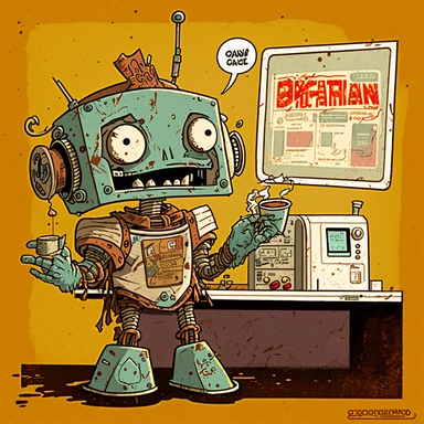 garbage pale kids format, pop surrealism digital art image of broken down, old, rusting, cartoonish, humanoid robot wearing tattered clothing uniform, behind the counter of a fast food restaurant puring a drink from a tap, in a satirical style. Art style inspired by artists like Tara McPhereson, Nooligan, and Robin Eisenberg. To be used for digital clipart. Change up the color and shape of the robot from previous generations