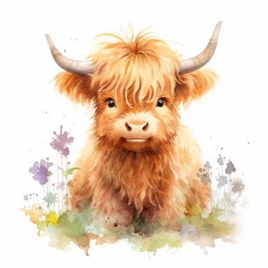 Create a delightful watercolor clipart of a Highland cow sitting down, in a close-up view that highlights its cuteness and innocent nature, using ultra HD image quality to bring out the details and create an artwork that captures the viewer's heart.