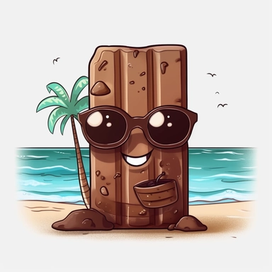 a kawaii chocolate bar at the beach smiling to the sea, sunshade, watercolor clipart, funny, realistic, no backgrounds