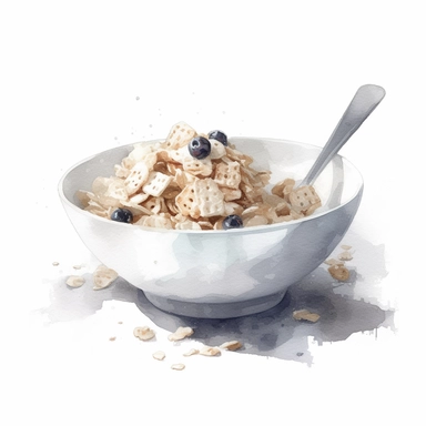 watercolor for a clipart with a white background of a bowl of cereal with milk, realism, painted by jeremy mann