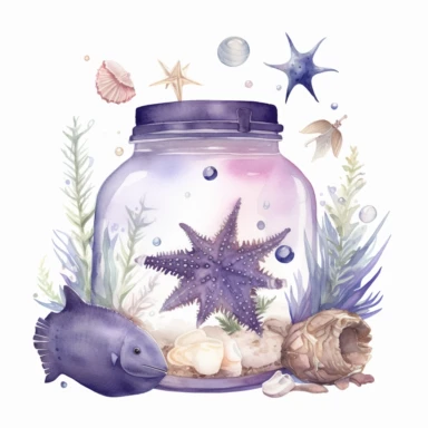 Watercolor painting, fish, sea urchins,sailboat,moon, jar, magic lights, dreamy, clipart, white background