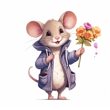 cute happy mouse wearing a coat, right hand holding flowers, left hand in the coat pocket , illustration clipart, white background