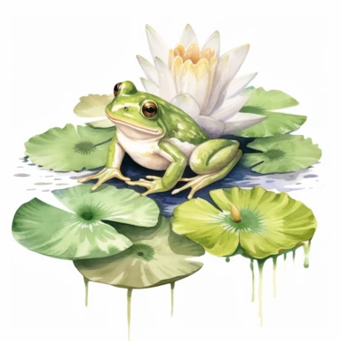 watercolor green frog on lily pad in the water clipart, on a pond, have lily flowers, white background