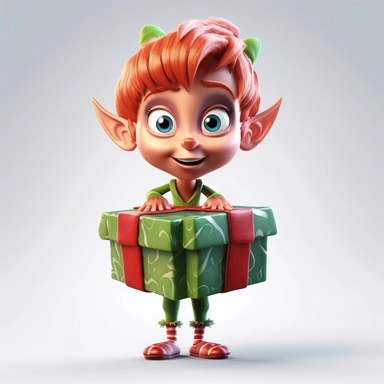 clipart of a crazy female christmas elf standing on a christmas present, there is a funny face on it, cartoon, for kids, funny, pixar, 8k, white background, sharp focus, detailed,