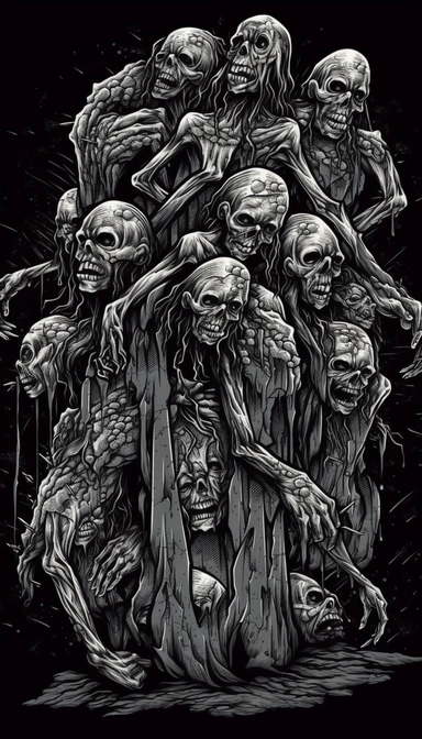 Rectangular creepy shaped Blob's like Cluster of body ghoul zombie lacerated limbs in a death metal t - shirt design monochromatic clipart