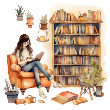 Bookworm Reading Watercolor Clipart, Library Interior Room, Favourite Place, Books Bundle PNG, Book Reading, Instant Download
