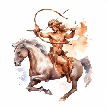 A clipart of a centaur with a bow and arrow, painted in watercolor style, designed on a white background.
