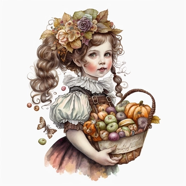 vintage stunning detailed trick or treat halloween girl, with basket full of candies, full body, victorian style, clipart, watercolor, illustration, on white background