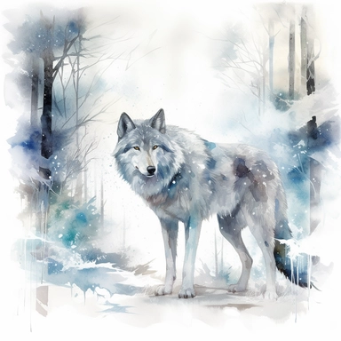 High level watercolor, hyper realistic, white background with borders, 8k, ultra detailed clipart, big, futuristic, wolf walking through the forest, his frosty breath creates swirling snowflakes and ice formations in the air, dreamlike, cool, pastel blue
