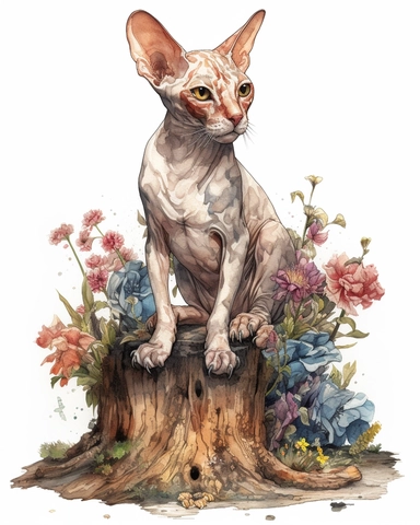 Watercolor Painting of SPHYNX cat sitting on stump surrounded by wild Texas Flowers, on white background good anatomy, DETAILED ILLUSTRATION, Flemish Baroque, Rococo, white background, Intricate Detailed, Soft Light Effect, Oil Paint Strokes, Light Academia Aesthetic Flowers, Lighting cinematic, all shown shimmering stamens, tyndall light, texture, colorful, 8k, fantasy, ray tracing, vivid, spectacular lighting, octane rendering, highly detailed, ultra - realistic, white background, clipart, sur