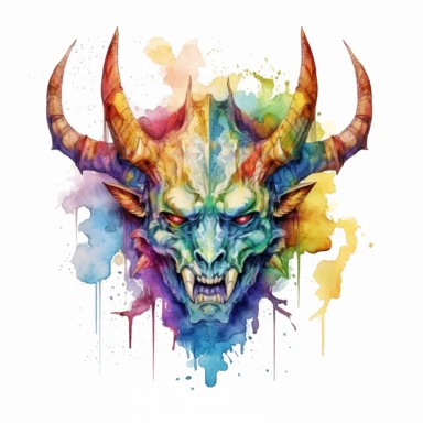 Solid white background, Detailed watercolor/alcohol ink magical demon amulet clipart. Isolated image. high key and with vivid colors