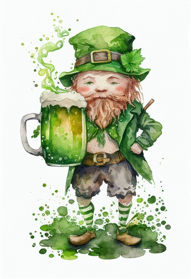 cute watercolor leprechaun drinking green beer, clipart, white background