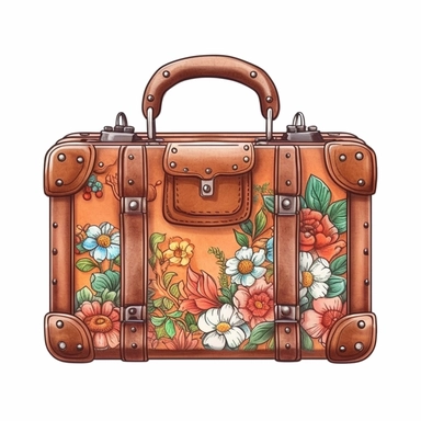 Leather brown retro bag , floral, james christensen style,illustration Watercolor hand painted vintage suitcase design. Travel concept clipart,white background with margins , white background for removing background - - no text shadow font watermark