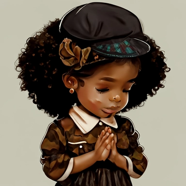 clipart style Afro Latina 7 years old, praying, happy praying hands, curly dark brown hair wearing a beret hat, closed eyes, short sleeve summer dress, dress over the knees.