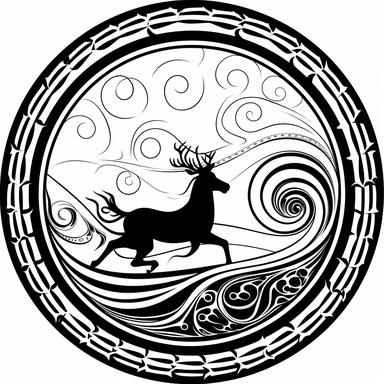 Left aligned, bottom aligned, quarter of a circle, art nouveau style, black lines, detailed, flat design, simple design, sleigh and reindeer, white background, clipart style, black and white,