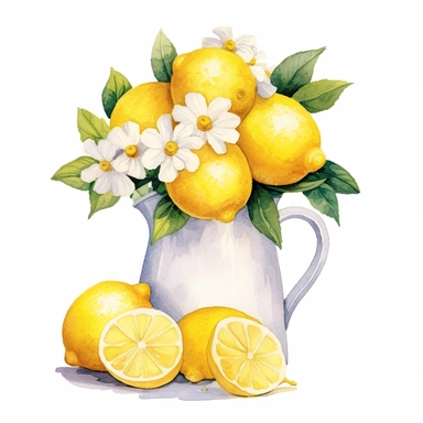 Commercial shot of realistic watercolor painting of a really cute cottagecore lemon themed flower vase clipart, aesthetic, good looking food, delicious, yummy, foodie, healthy, white background no text, isolated on white, watercolor illustration, award winning, strong and sharp lines