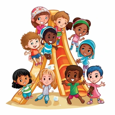 a cartoon, clipart style illustration of A group of multicultural children playing together. Include play equipment but no background. The children are ona solid whitebackground.