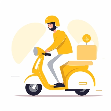 vector design, moped food delivery man, flat modern illustration, clipart, very simple picture, white background, soft gradient transition, in the style of warm color palette, natural pastel colors, in yellow, white and black colors, object portraiture specialist, uniformly staged images, animated illustrations